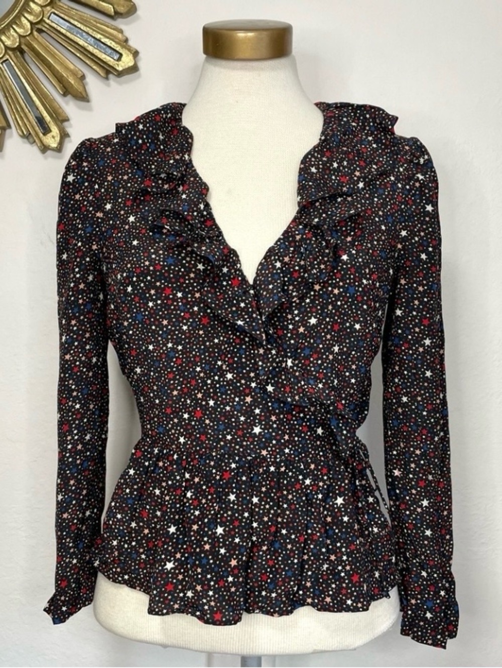 Madewell Silk Ruffle Hem Wrap Top in Starry Night